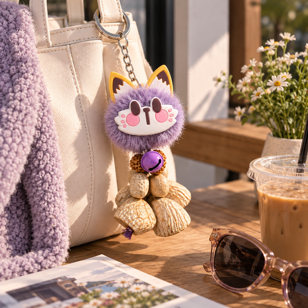 Purple Fluffy Cat Keychain