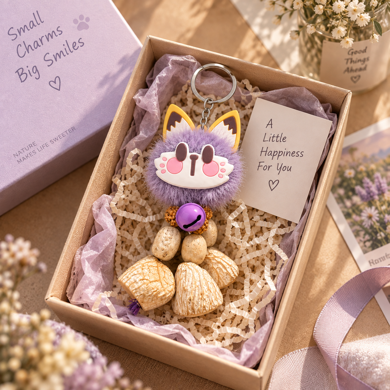 Purple Fluffy Cat Keychain